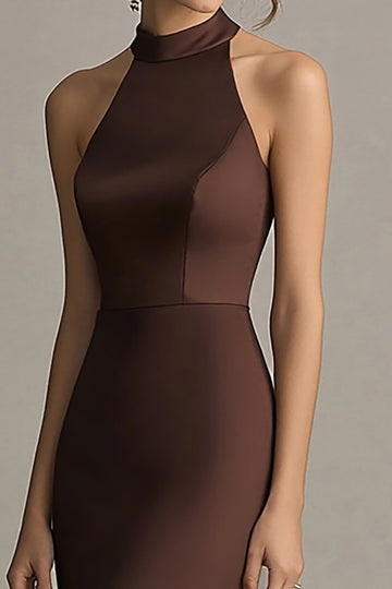 Simple Coffee Satin Mermaid Halter Long Formal Dress